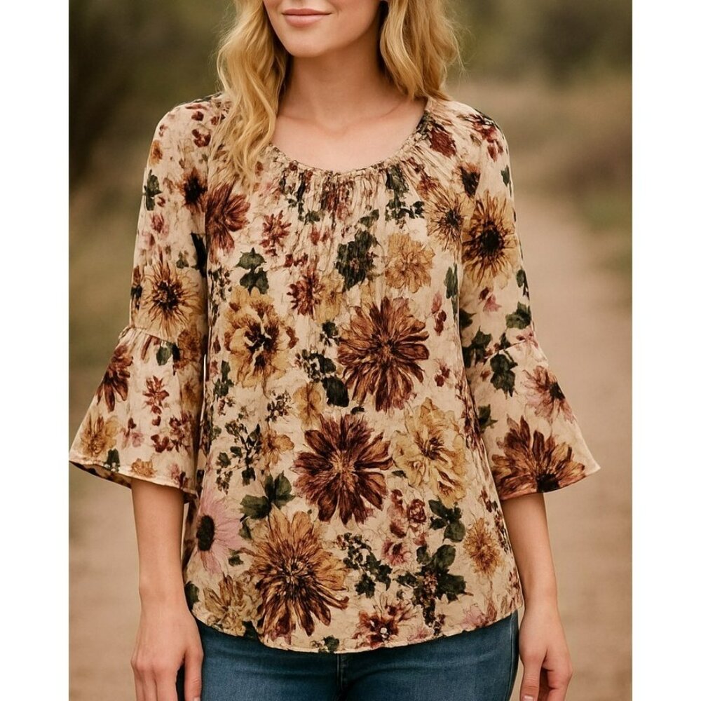Spense Babydoll Women Top Sz 1X Beige Floral Boho Peasant Fairy Y2K Vtg Festival